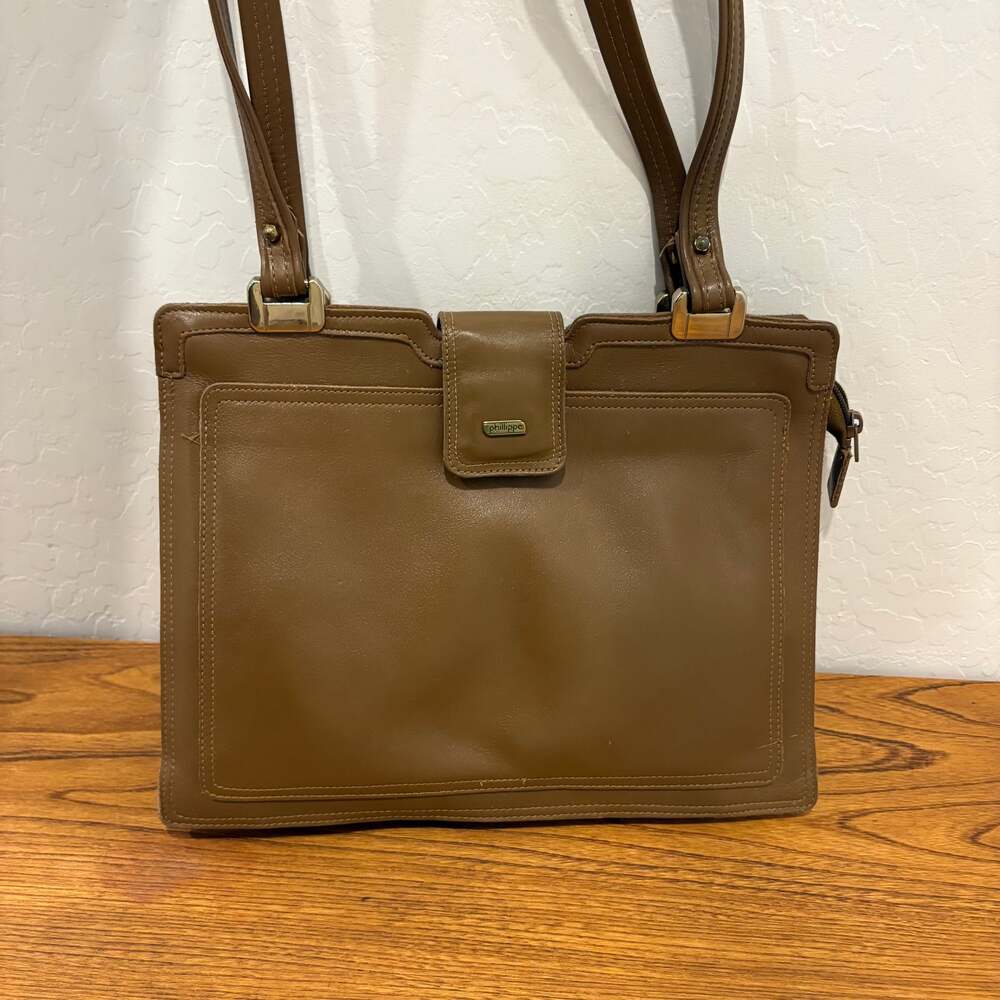 Vintage Phillippe Brown Leather Tote Shoulder Bag, Gold Hardware, Retro
